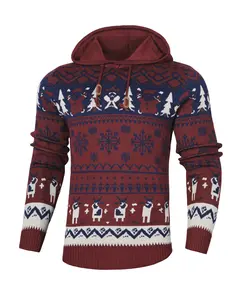 Men's Christmas Hooded Sweater with Snowflake & Reindeer Pattern Warm Knit Pullover for Holiday & Winter Wear Green & Red Menswear Festive Crewneck Long Sleeve Top - Casual