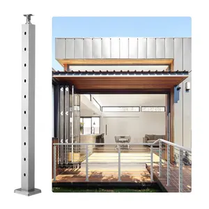 【SummerFinds】VEVOR Cable Railing Post, 36" x 2" x 2" Steel Horizontal Hole Deck Railing Post, 10 Pre-Drilled Holes, SUS304 Stainless Steel Cable Rail Post with Horizontal and Curved Bracket, 1-Pack, Silver