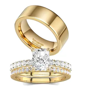 VOWSERING 1CT Square CZ Wedding Ring Set for Women & Men Yellow Gold Plated Tungsten & 5A Cubic Zirconia Hypoallergenic Bridal Couple Bands