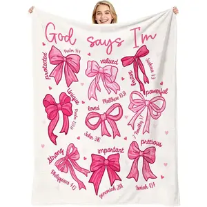 Pink Bow Christian Throw Blanket – "God Says I Am" Bible Verse Flannel Blanket – Coquette Style Inspirational Gift for Women, Girls, Daughter – Jesus Faith Prayer Blanket for Home Blanket Birthday Anniversary Holiday Christmas Halloween