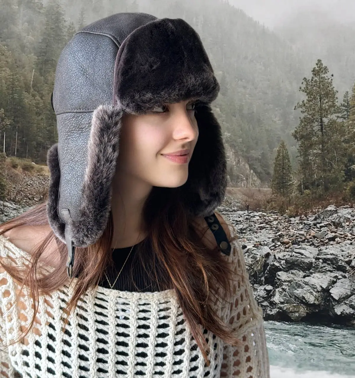 Unisex Lamb Skin Pilot Hat - Leather Aviator Ushanka Trapper with Shearling Fur Ear Flaps, Waterproof Winter Hat for Business/Anniversary, Brown, Adjustable Straps, Classic Design, Memorial Day, Ceremony