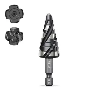THINKWORK Four Spiral Flute Step Drill Bit, HSS Step Drill Bit 1/4"-3/4" (9 Steps) Unibit Step Drill Bit, 1/4" Shank Step Bits for Aluminum, Wood, Plastic, Metal