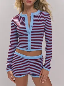 Women's Blue Striped Knit Shorts Set, Button Front Cropped Cardigan, Y2K Contrast Trim, Casual Knit Loungewear, 2-Piece