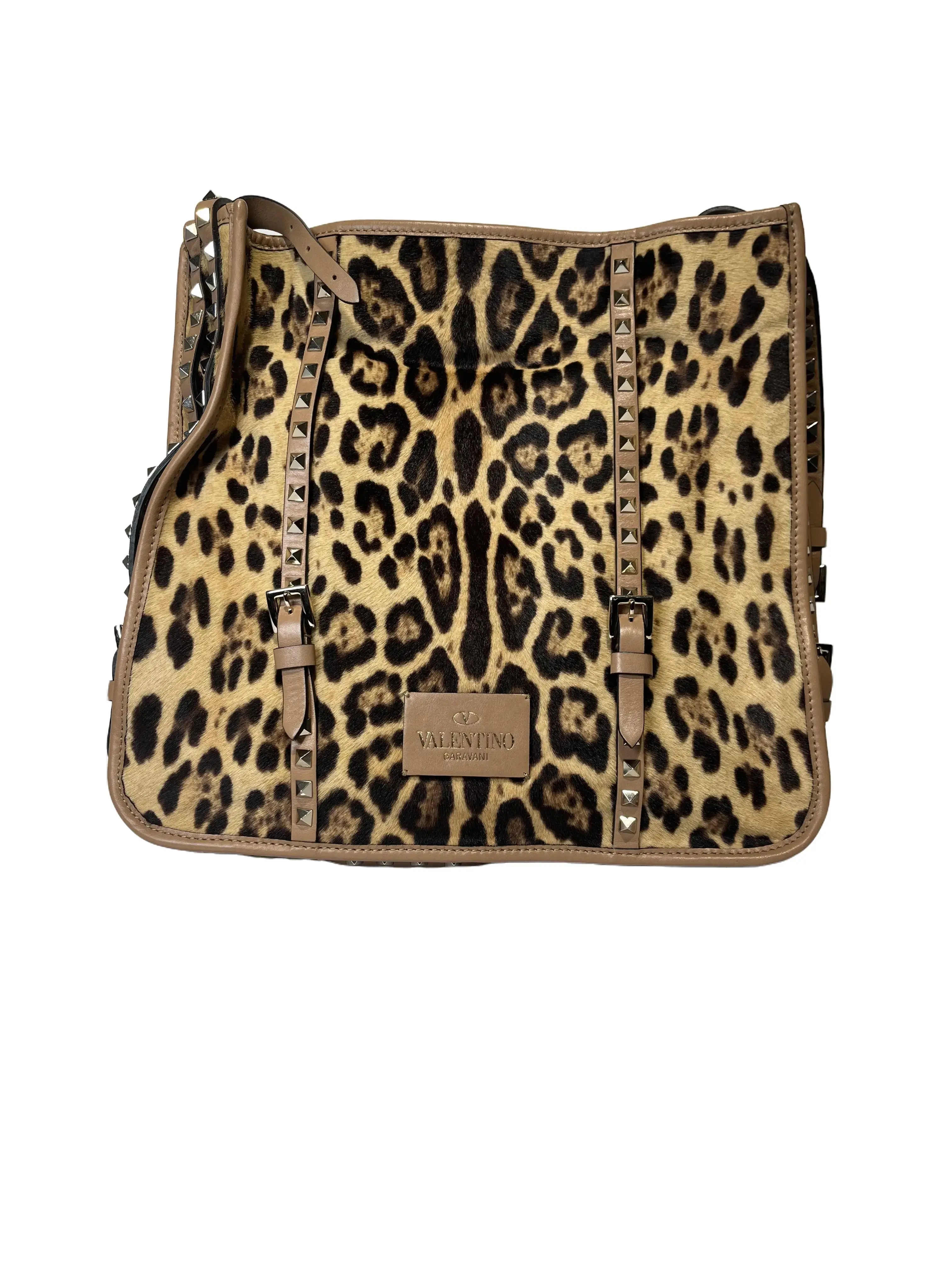 Pre-owned Valentino Rockstud Leopard Print Calf Hair Tote Bag