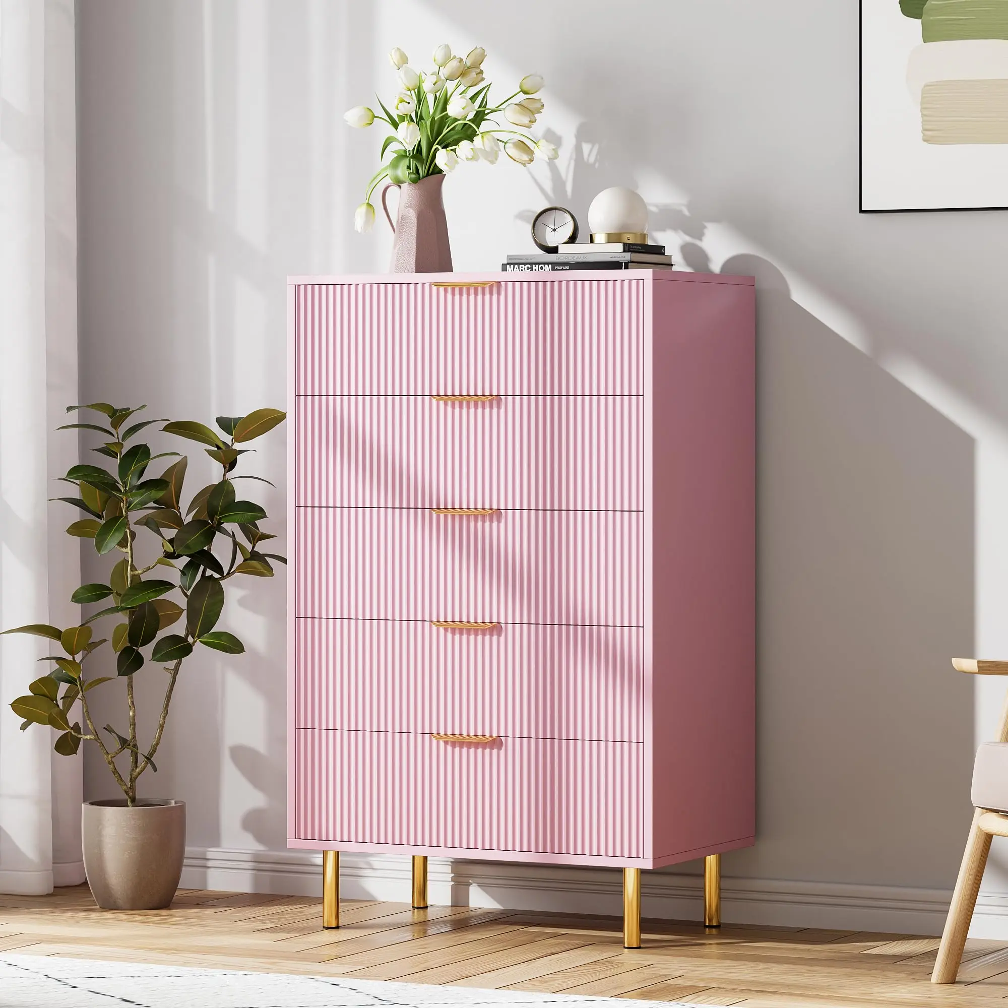 YJ-Garvee Modern 5 Drawer Wood Chest with Gold Handles and Large Drawers, Storage Organizer for Bedroom, Living Room, Hallway, and Entryway, Featuring Anti-Tipping Device and Elegant Fluted Design