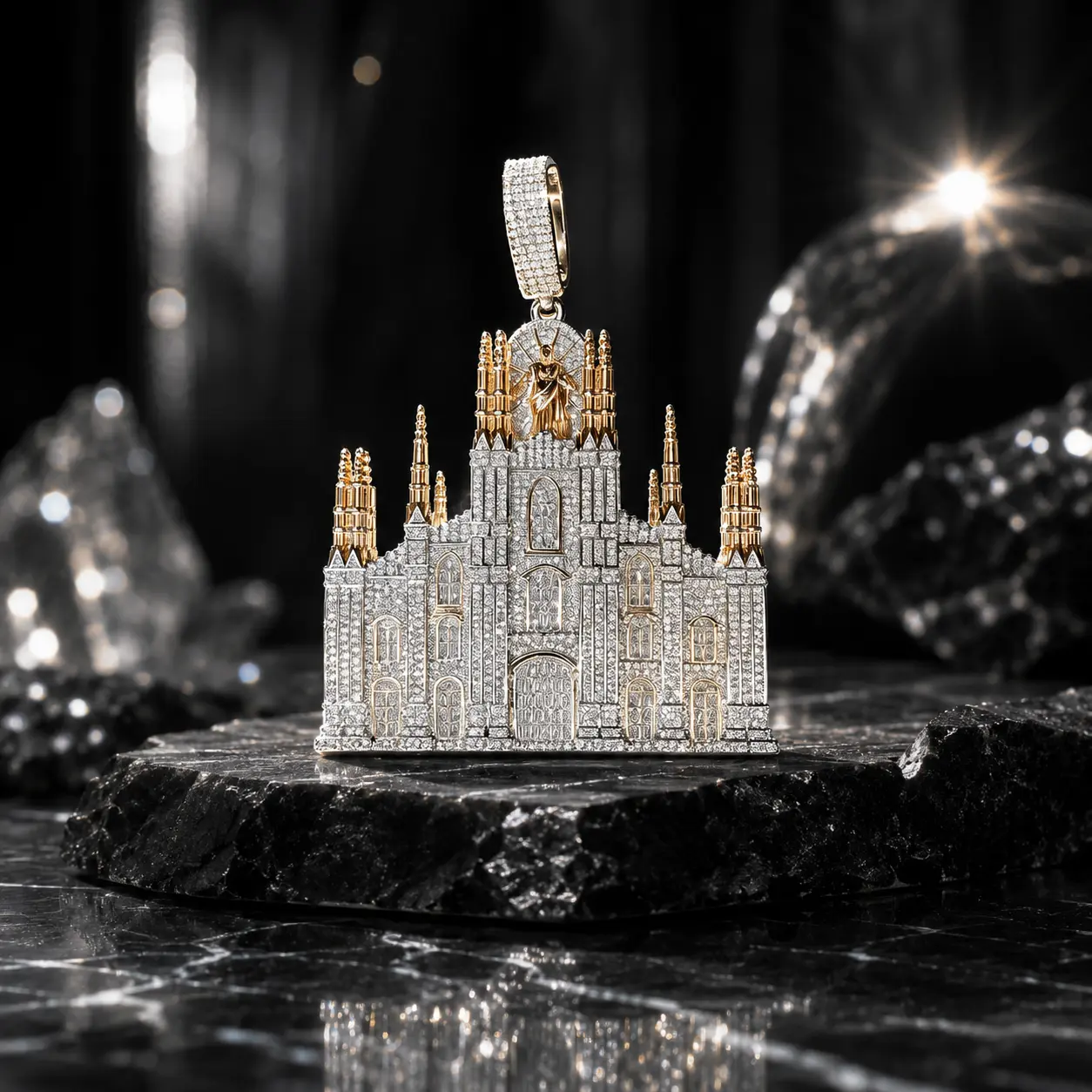5374 3D Milan Cathedral Jewellery Pendant - Hip Hop Gothic Exquisite Trendy Bling Accessories, Fully Sparkling Statement Piece for Rappers, Charms & Pendants, Costume Jewelry, Male, Street