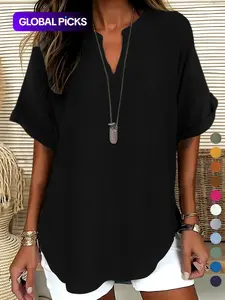 Women's Plain Short Sleeve Blouse, Shirts, Casual Solid Color Top for Daily Wear, Ladies Clothes for All Seasons
