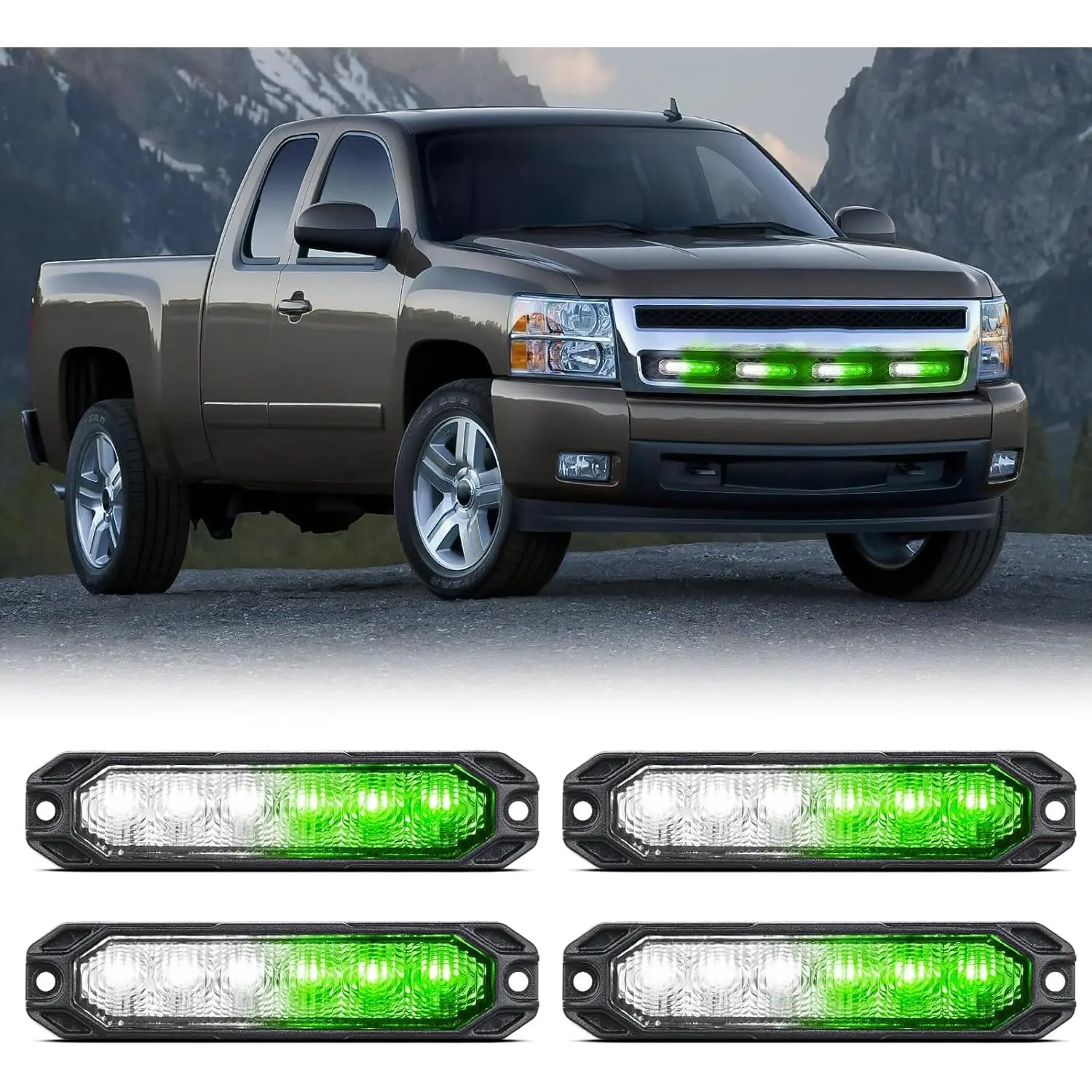 Nilight 4PCS 6LED Green White Strobe Light Modules, 12V-24V Input, Surface Mount, Waterproof, High Visibility, Flashing Modes, Ultra Slim, Sync Feature Grille Work Lights for Cars, Off Road Vehicles, Strobe Light Module