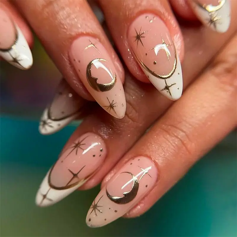 Moon & Star Pattern Fake Nails with Nail File & Tape, Nail Art Tools, 24pcs Almond Shape Press on Nails for Women & Girls DIY Nail Art, Elegant Stick on Nails Kit, Nail Art Set, Nail Decoration, Decorative Nails, Nail Art Supplies