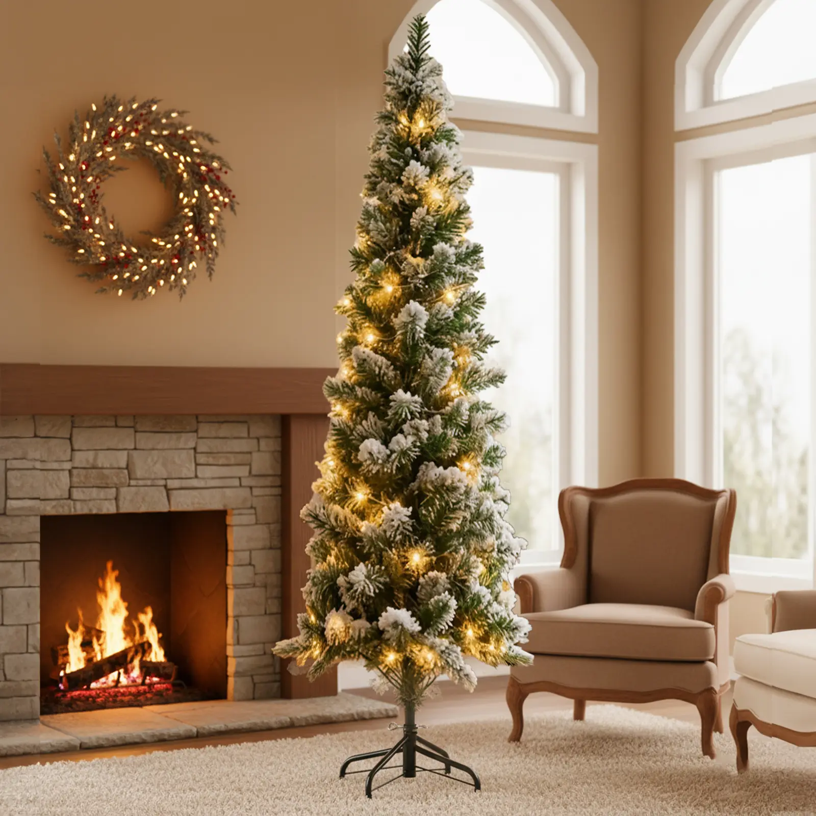 Pre-Lit Pencil Christmas Tree – 571 Tips, 250 Warm White LEDs with 8 Modes, Heavy Duty Metal Stand, Easy Assembly Slim Xmas Tree for Small Space Indoor Decor