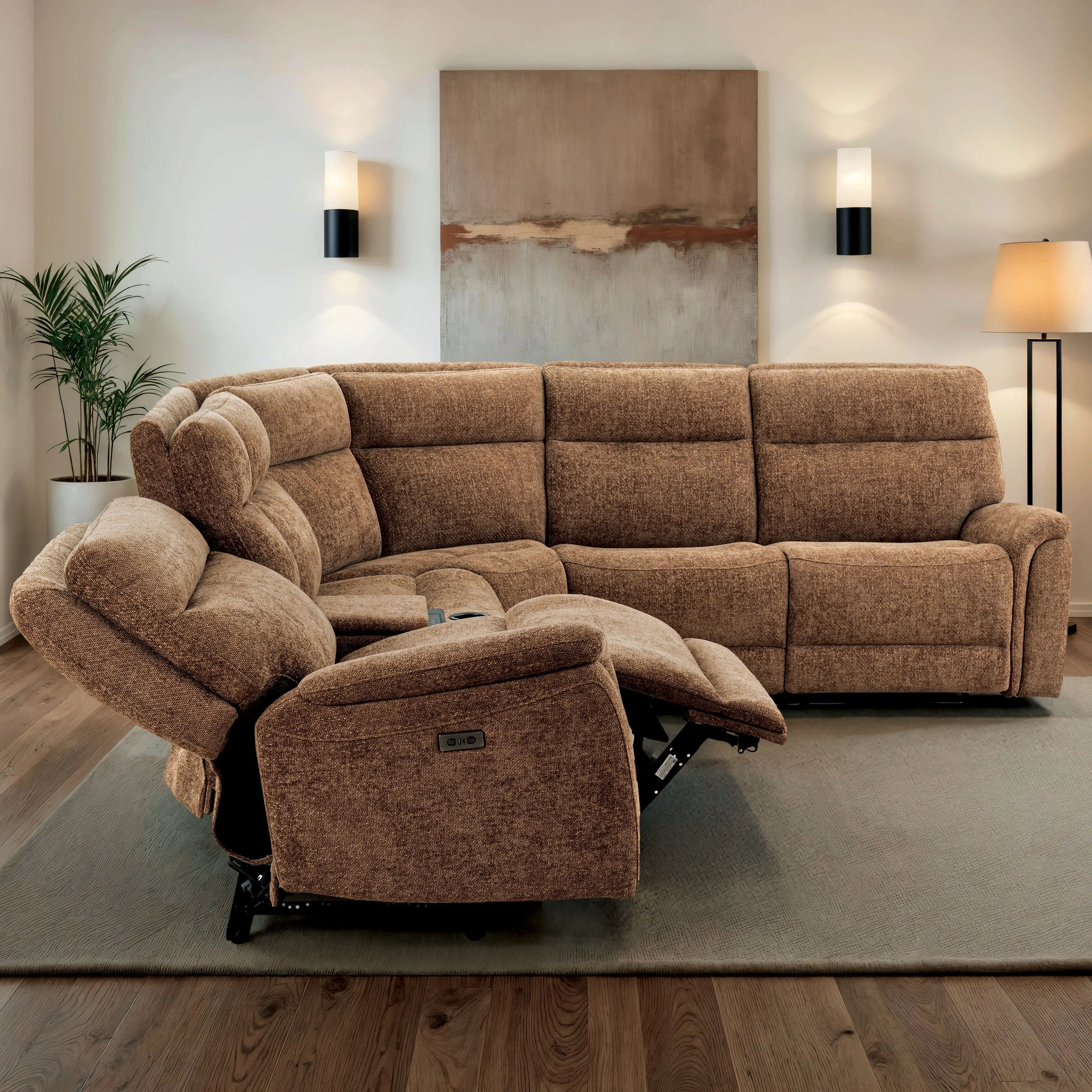 Furniture of America MATTHEUS Contemporary Power Recline Sectional - Power-Assisted Multi-Use Living Room Furniture with Fixed Arms, Tufted Back, Cooling Console, USB-C Port, Beverage Storage, 2.0 Lb Density Cushions, Dishwasher Safe Cup Holders