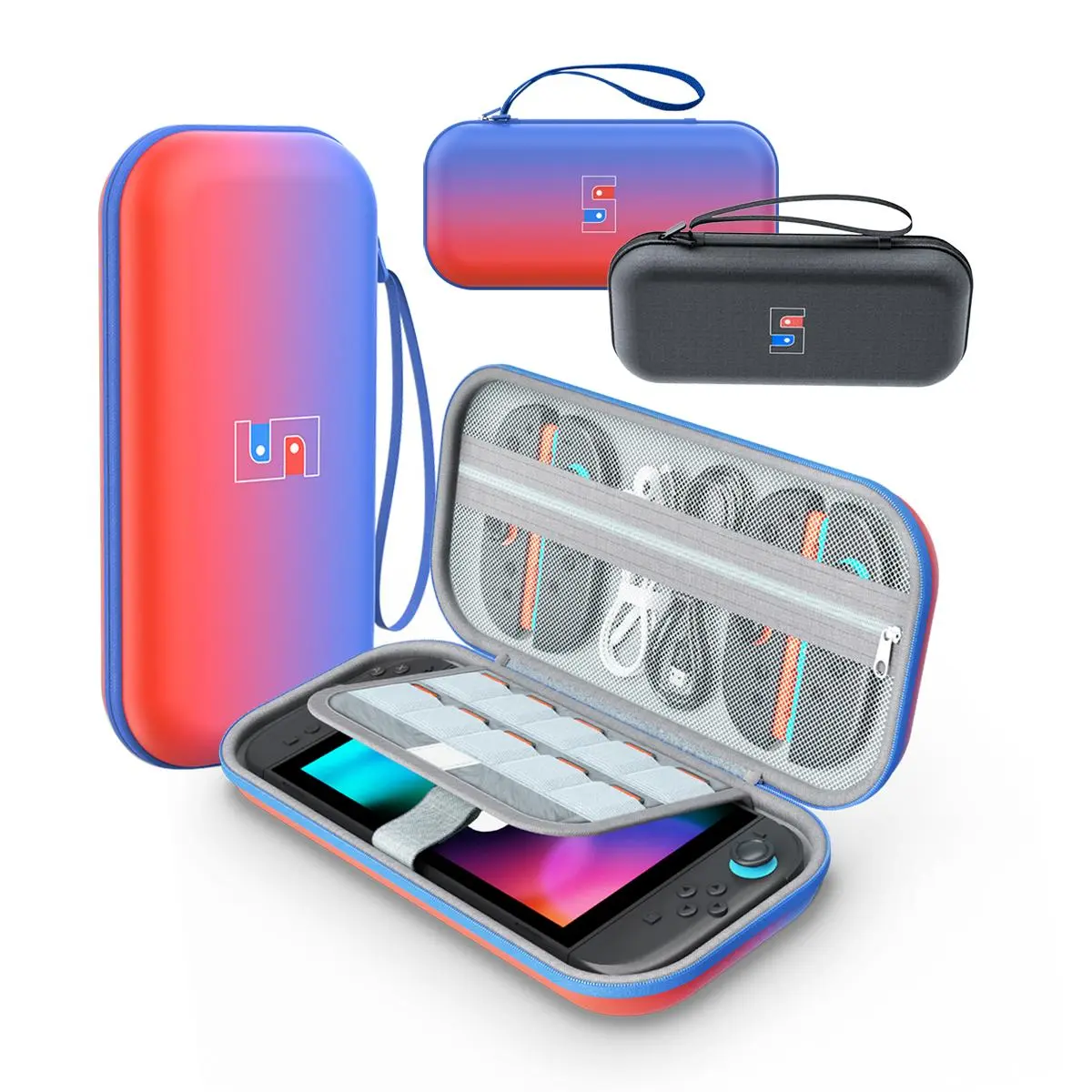 MEKO Hard Travel Organiser Carry Case for Nintendo Switch & New Switch OLED Console - Black Protective Pouch with Extra Joycon Slot, Secure Groove Hold, Straps Stay Sorted, Accessory & Game Pockets, Dock+Ac