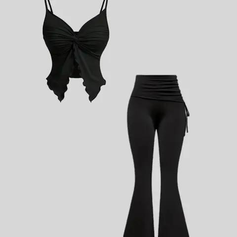 Two-piece Set Women's Solid Color Crop Cami Top & Flare Leg Pants, Lady Basic Casual Fashion Fitted Cozy Outfits for Daily Outdoor Wear, Women Clothes for Spring Fall, Suits, Minimalist Womenswear, Flared Pants Set, Two Pieces Sets