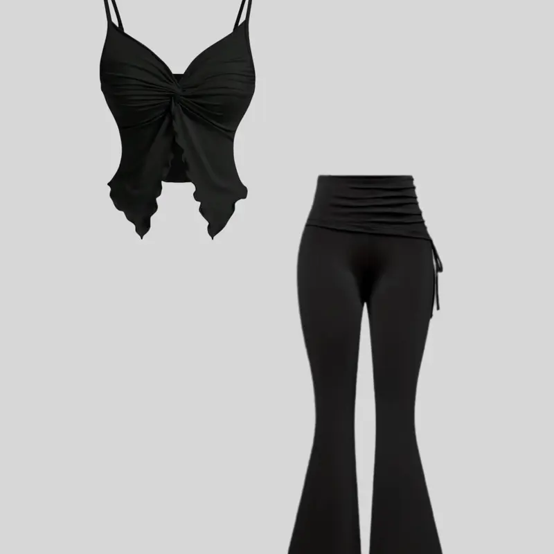 Two-piece Set Women's Solid Color Crop Cami Top & Flare Leg Pants, Lady Basic Casual Fashion Fitted Cozy Outfits for Daily Outdoor Wear, Women Clothes for Spring Fall, Suits, Minimalist Womenswear, Flared Pants Set, Two Pieces Sets