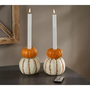 Hay & Harvest S/2 Pumpkin Candle Holders w/ Flameless Tapers