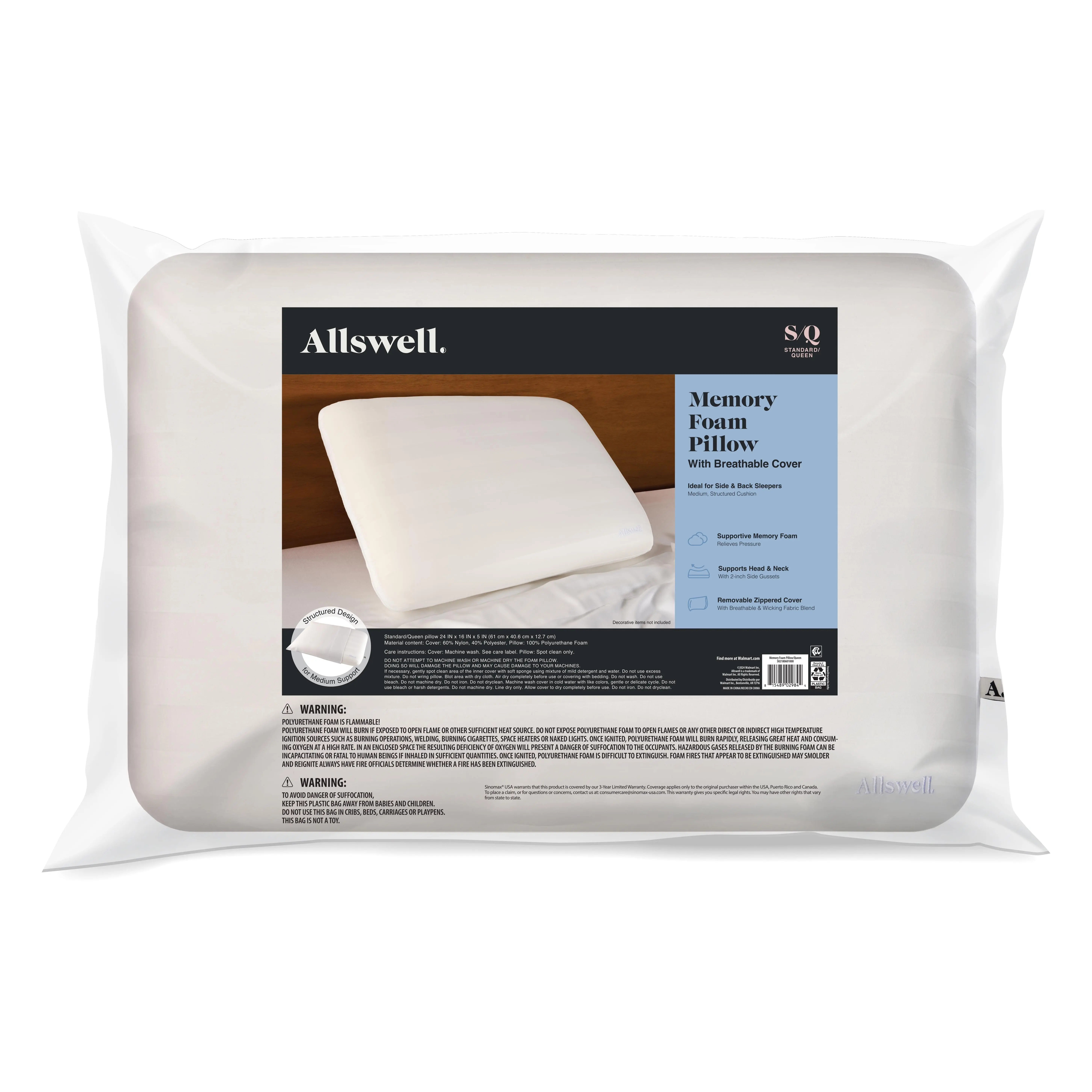 Allswell Memory Foam Pillow W/Cooling Comfort Standard/Queen