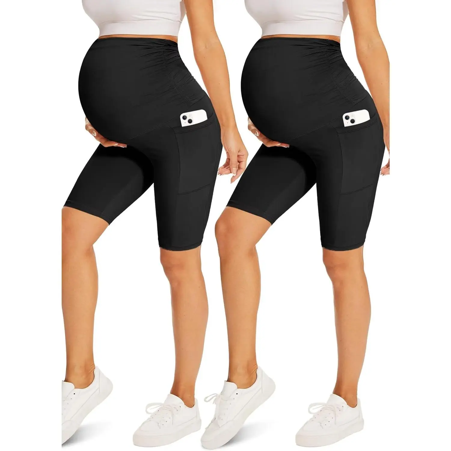 Maternity Shorts with Pockets Over The Belly,8" Pregnancy Biker Yoga Active Workout
