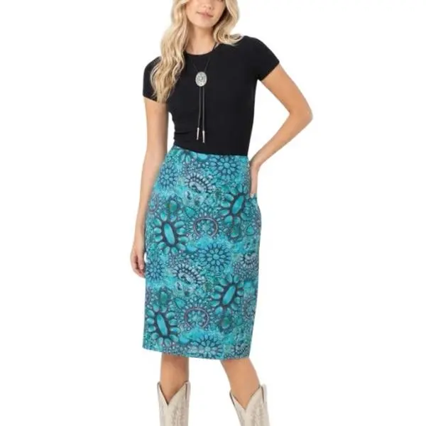 Turquoise Print Lined Mesh Mid Skirt