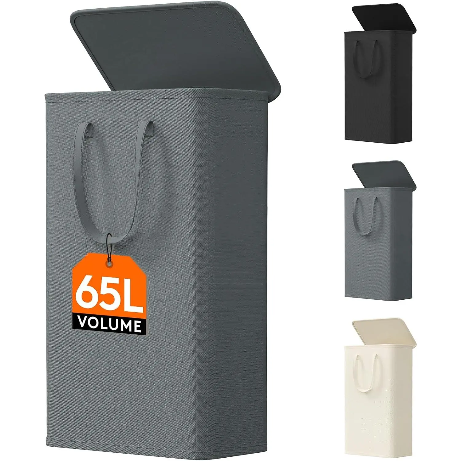 65L Slim Laundry Hamper, Small Laundry Basket with Lid, Dirty Narrow Collapsible Clothes Storage with Easy Carry Extended Handles, Tall Hampers for Bedroom Laundry Room, Gray, 1 Pack