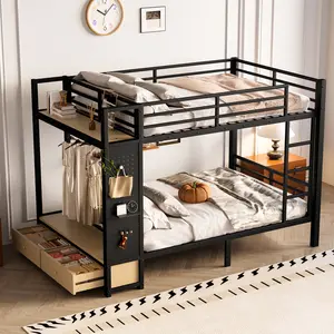 Eyisean Full Over Full/Queen Over Queen/Twin XL Over Twin XL Size Metal Bunk Bed, Heavy Duty Beds Frame with Safety Guardrail, Space-Saving Bunk Beds with Storage Shelves & Drawers, Pegboard & Hanging Rack, No Box Spring Required for Bedroom