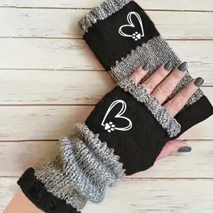 Women's Winter Touchscreen Gloves, Vintage Warm Fashion Fingerless Gloves, Heart & Claw Embroidery Design, Seamless Knit Glove