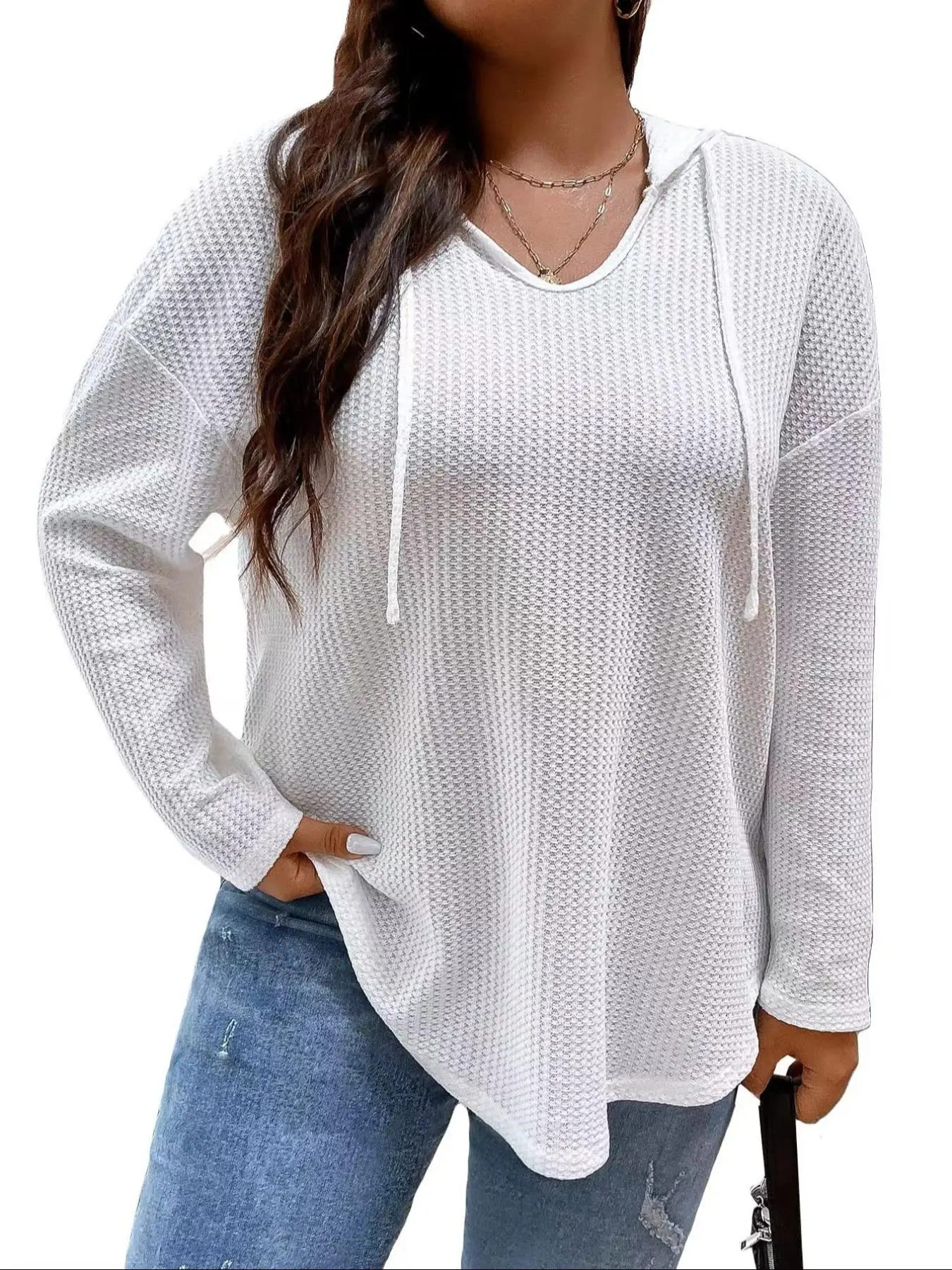 [Plus Size] Solid Drawstring Drop Shoulder Hoodie, Casual Long Sleeve Hooded Sweatshirt for Daily Wear, Women's Plus Tops for All Seasons