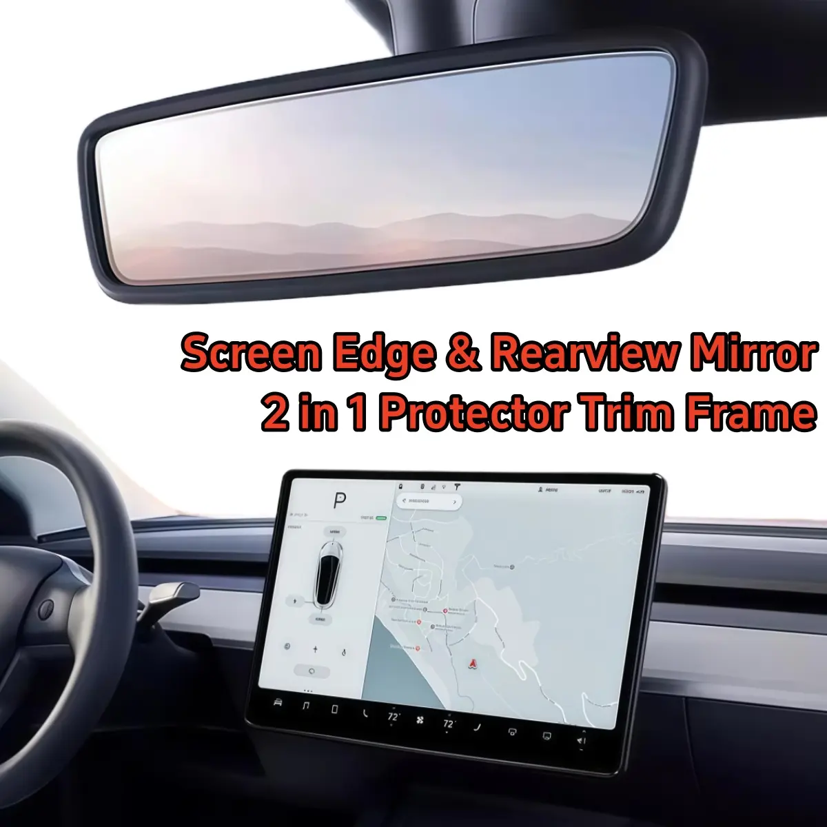 2PCS Odorless Silicone Protector Frames for Tesla Model 3 (2017-2021,2022-2025 Highland), Model Y (2019-2025 Juniper), Easy-Install Car Screen Edge & Rear View Mirror Covers, Interior Decor Center Console Accessories for Car Enthusiasts, Black/White
