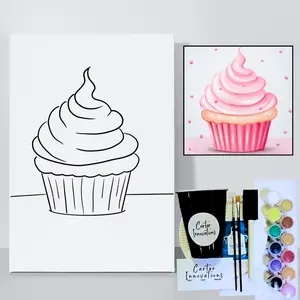 Pre-Drawn Canvas for Kids - Pink Cupcake Design - 11x14 Size