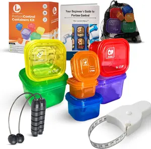 Elceeo essential Solutions 21 Day Portion Control Containers for Weight Loss with Booklet Guide - Set of 7 Bariatric Meal Prep Containers, Body Measuring Tape, Cordless Jump Rope & Storage Bag Lunch Boxes Tableware