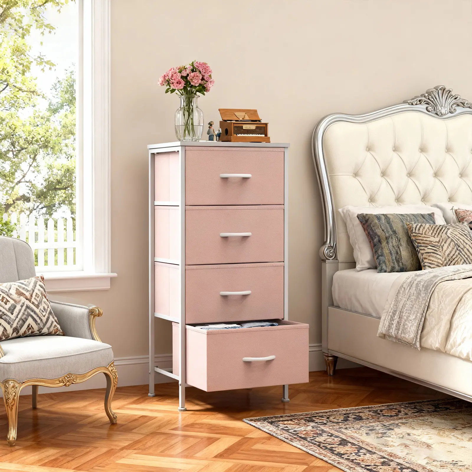 4 Drawer Dresser Fabric Storage Tower with Wood Top, Small bedroom dresser and nightstand with sturdy frame,Perfect for closet,entryway,dorm,Easy assembly and lightweight design