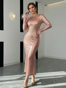 Sparkling Feather Cuff Long Sleeve Bodycon Fitted Midi Dress, Glamorous Elegant Style for Evening Parties, Chic for Social Gatherings