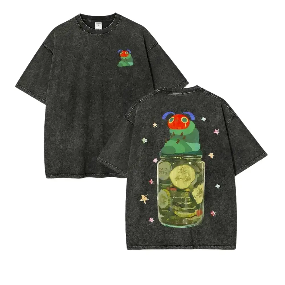 Unisex Graphic T-Shirt with Sad Caterpillar in Pickle Jar, Vintage Washed 100% Cotton Top, Casual Super Soft Short Sleeve, men's t shirts,humorous tshirt men,everyday tshirt,,good graphic tees,book merch, graphic t shirt deals,men's summer t shirts