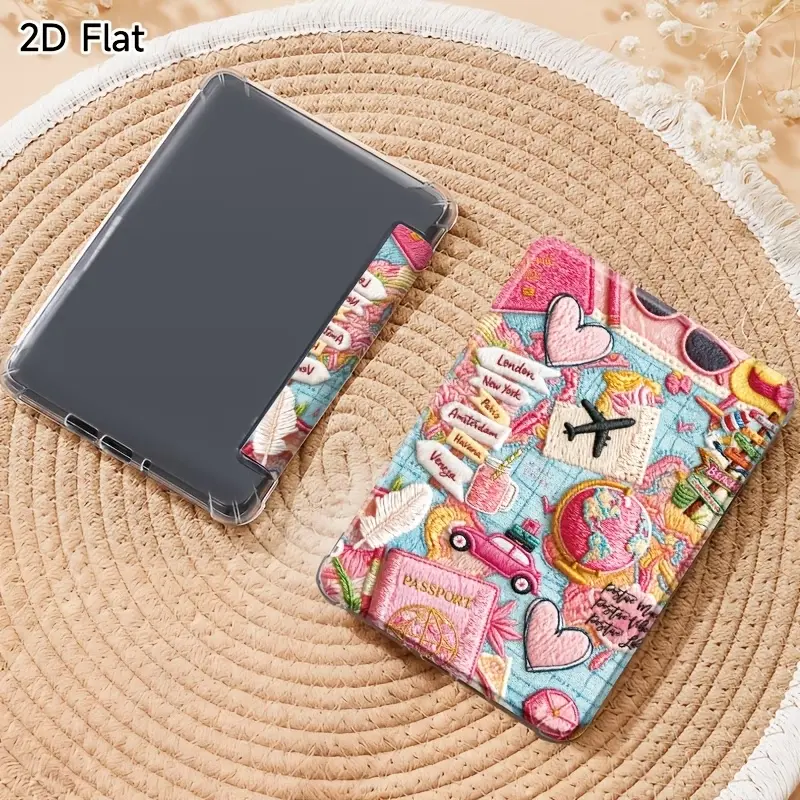 E-reader protective case, suitable for Kindle Paperwhite 12, Kindle Paperwhite 5, and Kindle 11th generation (2022/2024). Featuring a 2D flat design, a pink travel-themed print, corner protection, and durable materials.