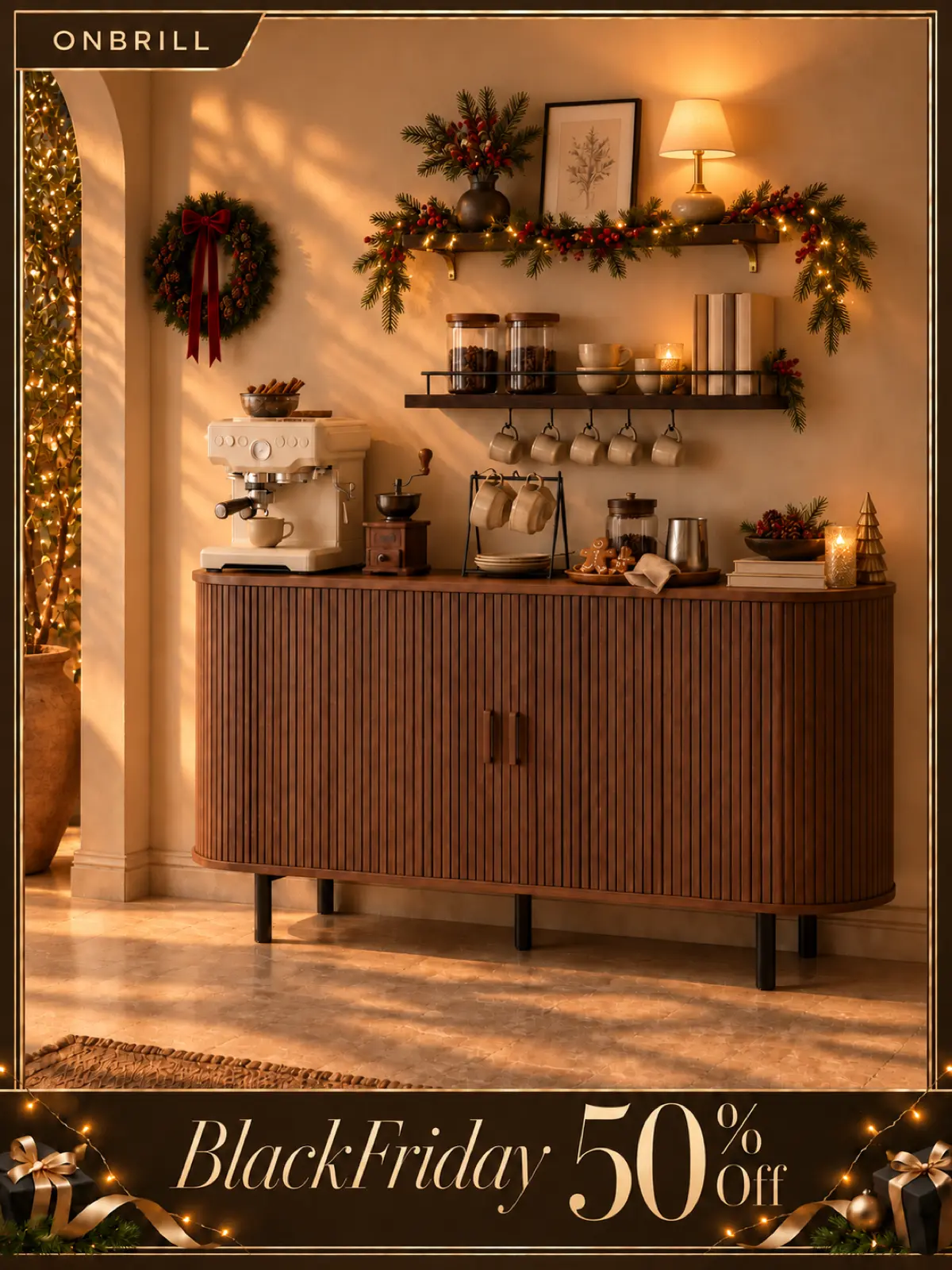 【Sliding Doors Design】ONBRILL 40/48/55/63" Gorgeous Fluted Buffet Cabinet, Coner Coffee Bar With Storage,  Mid Century Modern Sideboard with Adjustable Shelf, Accent Wood Console Table for Kitchen Entryway Living Room Furniture【Black Friday】
