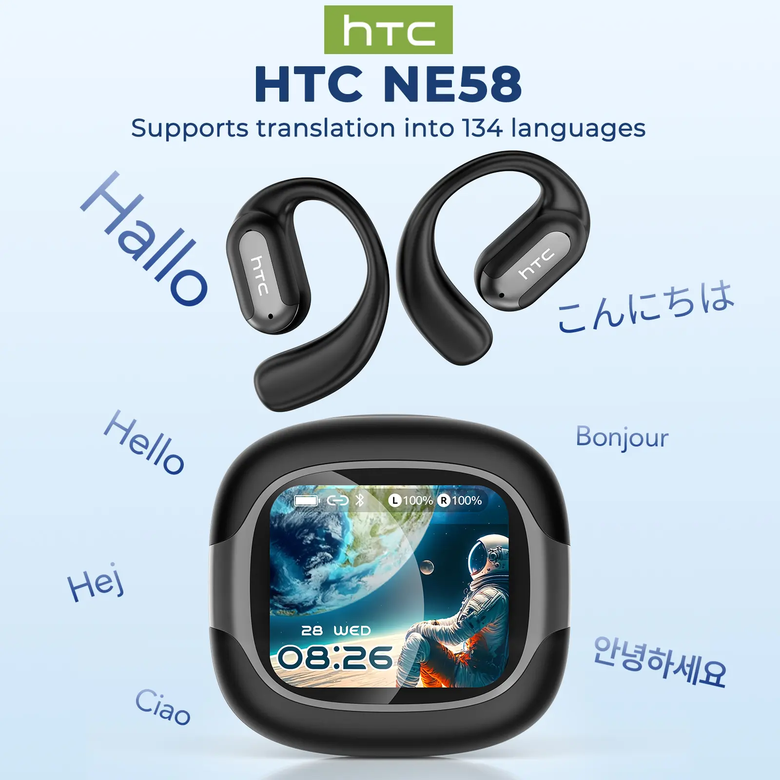 HTC NE58 features Bluetooth 6.0 low latency, OWS open-back design for comfortable wear, an LED multi-function touchscreen, Hi-Fi audio quality, and HD calling – suitable for various scenarios: travel, work, music, and entertainment.