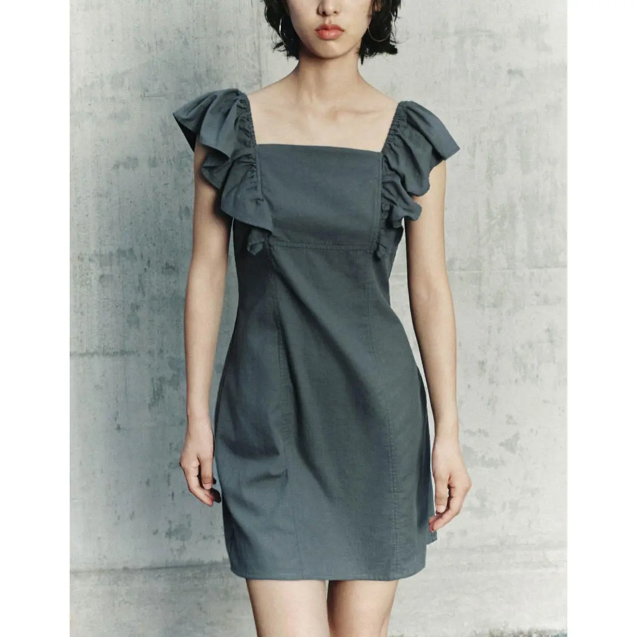 URBAN REVIVO 2026 Spring Women's Basic Cotton A-Line Mini Dress - Square Neck, Ruffled Puff Sleeves, Flattering Fit, Cotton Shell Fabric, Casual Wear, Spring Casual Dresses, A-Line Styles, UWL740040