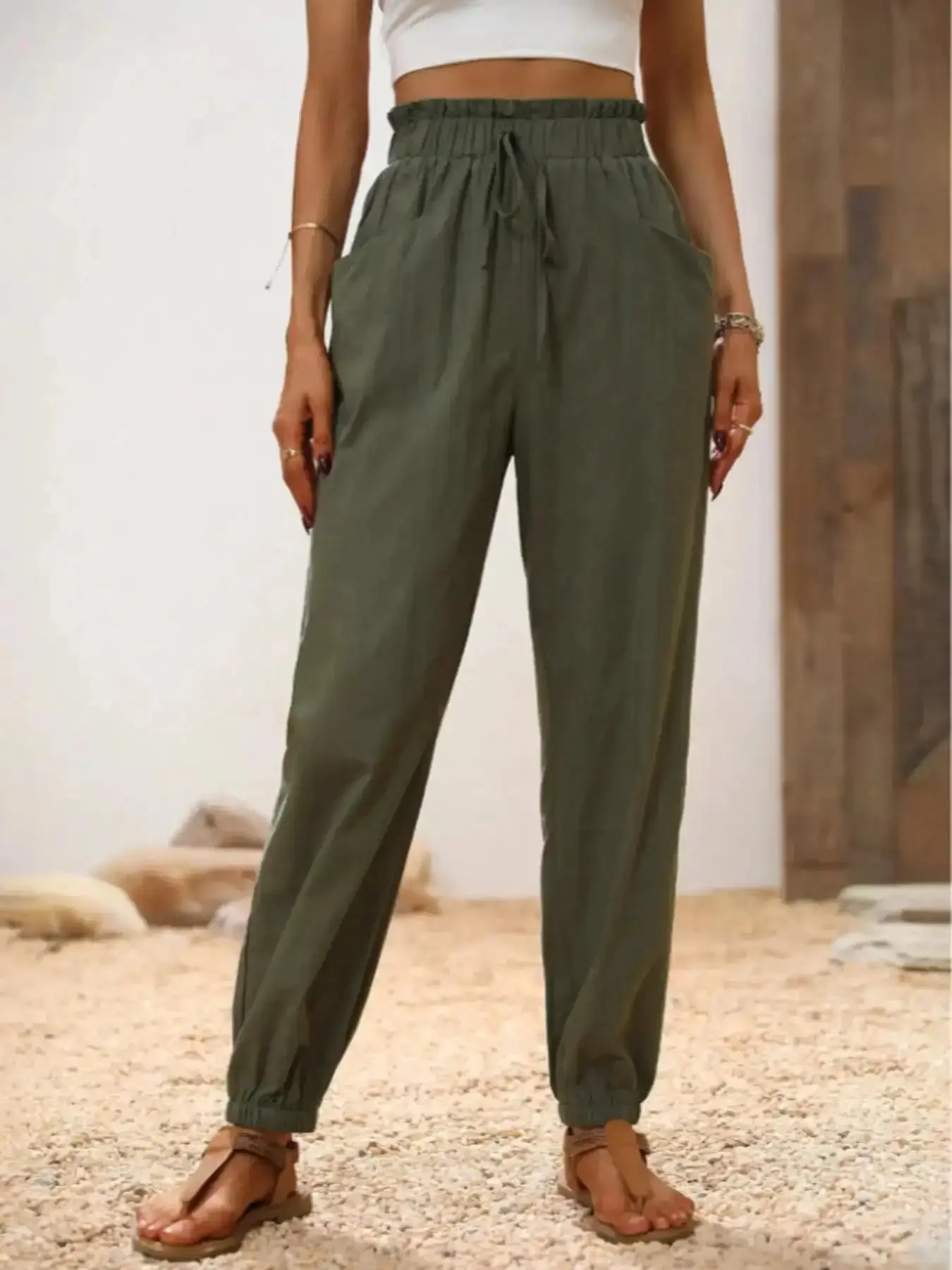 Women's High Waist Drawstring Cuffed Pants Summer Thin Pleated Waistband Long Trousers Casual Floral Wide Leg Joggers Fit multi pocket urban streetwear casual essential relaxed style versatile style daily essential