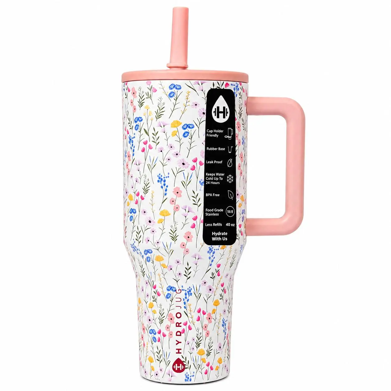 hydrojug40oz Floral Insulated Stainless Steel HydroJug Tumbler - Leak-Resistant, with Handle and Straw, Vacuum Flask Travel Mug for Gym, Office Hydration