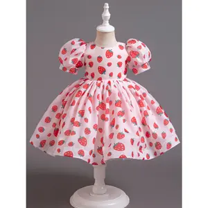 New1pc Girls' Cute Strawberry Print Midi Dress with Puff Sleeves and Tie-Back Detail, Polyester 100% Round Neck Princess Dress for Spring/Summer/Autumn, Big Skirt, Fruit Print