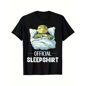 Men'S Official Sleepshirt - Soft, Breathable Round Neck Tee with Sleeping Turtle Design, Casual Street Style, Perfect Gift for Animal Lovers, Black with White Print, Casual Wear | Relaxed Fit Tee | Comfortable Clothing, Tshirt