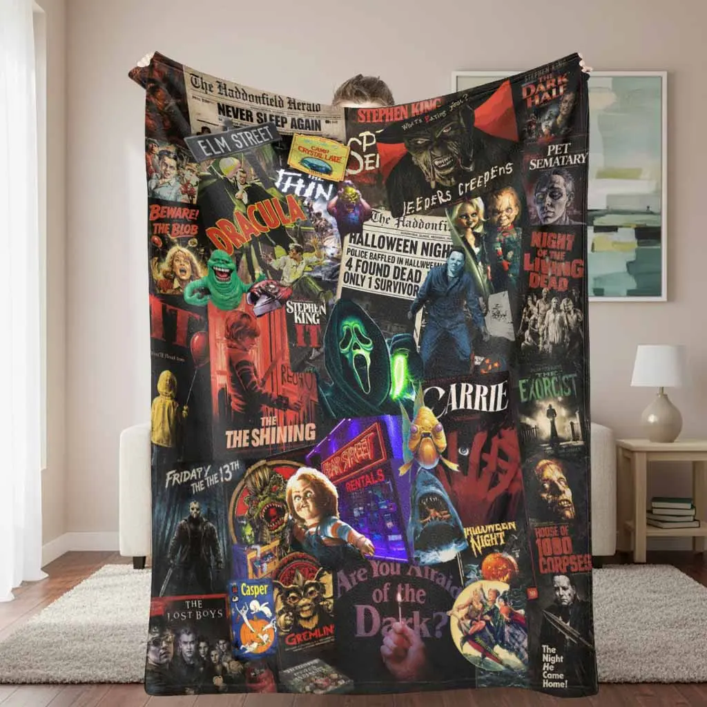 Classic Horror Movie Poster Print Flannel Nap & Decorative Blanket - Iconic Vintage Cult Cinema Design, Ultra Soft Plush, Warm, Cozy, Breathable, Lightweight, Anti-Pilling, Multi-Size, Indoor/Outdoor Throw - Ideal for Movie Nights, Halloween Gifting, Hall