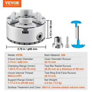 VEVOR KP96 Lathe Chuck, 4-Jaw 3.75 Diameter, Metal Lathe Chuck Turning Machine Accessories, Self-centering Tool, for Lathe, Precision Machining, Grinding Machines, Milling Machines