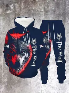 Men's 2-Piece Hoodie Set with Wolf Print, Sporty, Casual Style, Long Sleeve, Regular Fit, Fall & Winter Wear, Comfortable Fabric Garment