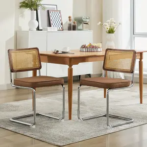 Dining Chairs Set of 2/4/6, Upholstered Rattan Chairs with Natural Cane Back, Mid-Century Modern Kitchen Chairs with Stainless Chrome Base, Breuer Designed Chairs, Linen & Velvet