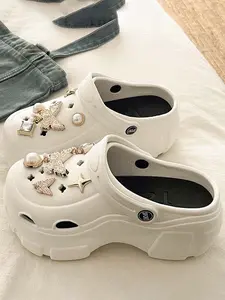 Women's Gold Star Butterfly Platform Clogs - Pearl & Rhinestone Decor, Thick Sole EVA Sandals, Breathable Non-Slip Shoes for Beach & Daily Wear