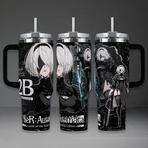 NieR: Automata 2B Tumbler, YoRHa No.2 Type B 40oz Cup with Handle & 20oz Travel Mug. Gaming Fan Gift, NieR: Automata Inspired Insulated Tumbler Featuring Epic Android Combatant Graphic Design.