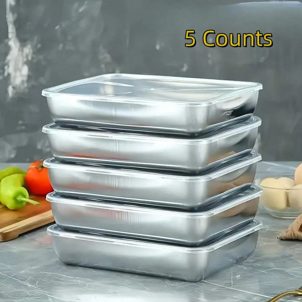 Stainless Steel Airtight Portable Food Storage Box with Lid, Leakproof Containers, 5-Piece Storage Container Set, Heavy-Duty Reusable Snack Containers for Home Kitchen