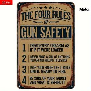 [Aluminium Sheet]2D Flat, Vintage  Wall Art Sign - Four Gun Safety Rules Metal Plaque 12X8 Inch, Rustic Home Decor For Man Cave, Garage, Bar, Cafe - Pre-Drilled Holes, No Electricity Needed, Perfect Gift For Gun Owners, Gun Decor, Distressed Design,