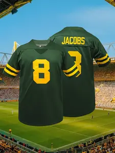 Men's Rugby Jerseys #8 Jacobs Green/Yellow Training Jerseys Green Bay Football Jersey,Breathable V-Neck Adults Uniforms Unisex Green Team Game Jersey Home Jersey