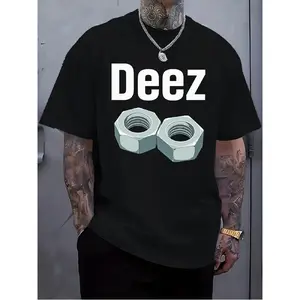 Men'S Plus Size Heavyweight 180gsm Black T-Shirt with Bold DEEZ Graphic & Walnut Nut Design - Breathable Short Sleeve Round Neck Casual Top, All-Season Comfort, Machine Washable, Ideal Gift for Holidays & Casual Attire - Funny Novelty Apparel for Me